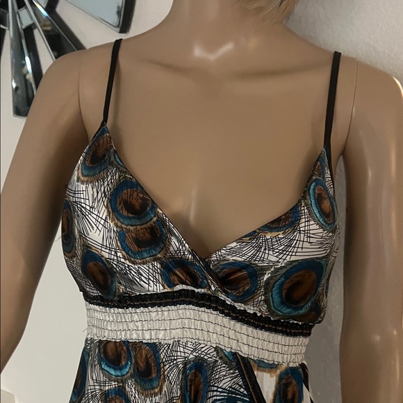 (STEP IN STYLE)Peacock Print Spaghetti Strap women’s Dress with Stretch Waist - Picture 3 of 17